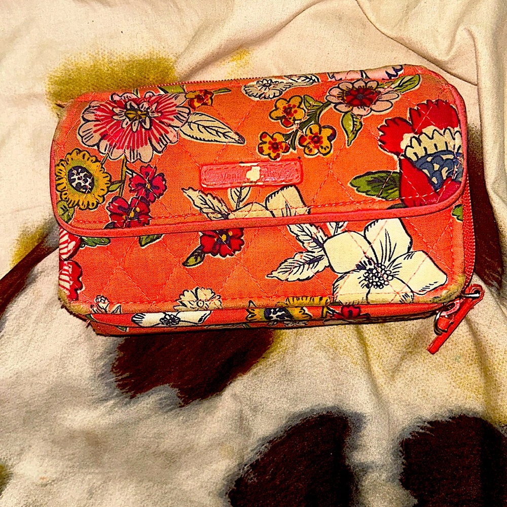 Used Vera Bradley wallet  2 zip up compartments 9 card holders & several pockets